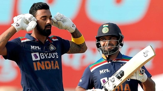 India's KL Rahul celebrates his century during the 2nd ODI between India and England at Maharashtra Cricket Association Stadium in Pune.(BCCI photo)