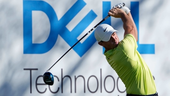 Rory McIlroy of Northern Ireland hits off the 15th tee during a second round match at the Dell Technologies Match Play Championship golf tournament Thursday, March 25, 2021, in Austin, Texas. (AP)