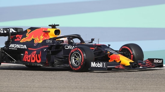 Red Bull driver Max Verstappen of the Netherlands steers his car during the first free practice at the Formula One Bahrain International Circuit in Sakhir,(AP)