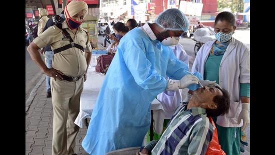 A health worker collecting a swab sample at Chaura Bazar in Ludhiana on Friday. (Gurpreet SIngh/HT) A health worker collecting a swab sample at Chaura Bazar in Ludhiana on Friday. (Gurpreet SIngh/HT)