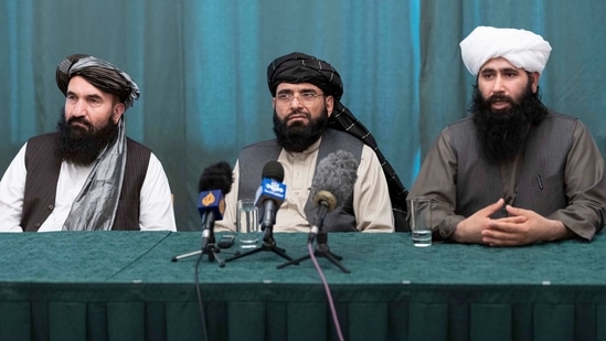 Members of the Taliban delegation at their joint news conference in Moscow, Russia.(AP / File)