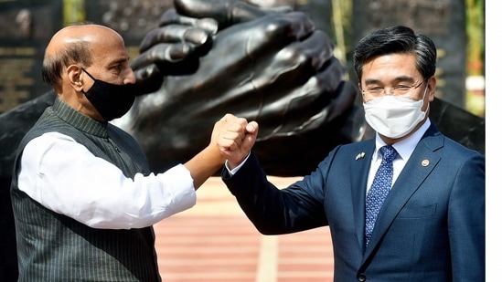 Union Defence Minister Rajnath Singh with his South Korean counterpart Suh Wook (PTI) Union Defence Minister Rajnath Singh with his South Korean counterpart Suh Wook (PTI)