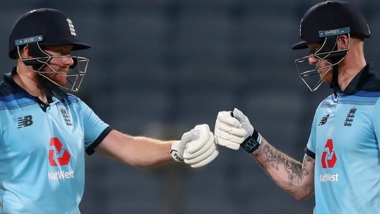 England's Ben Stokes, right, and Jonny Bairstow celebrate.(AP)