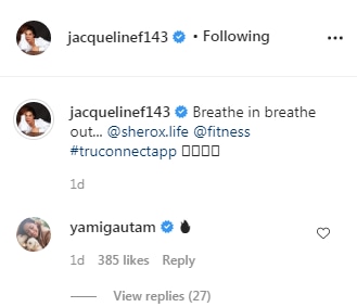 Yami Gautam's comment on the post (Instagram/jacquelinef143)