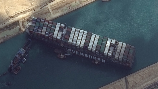 Ever Given container ship is pictured in Suez Canal in this Maxar Technologies satellite image taken on March 26, 2021.(Reuters)
