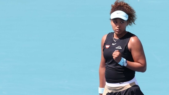 Mar 26, 2021; Miami, Florida, USA; Naomi Osaka of Japan reacts after match point against Ajla Tomljanovic of Australia (not pictured) in the second round in the Miami Open at Hard Rock Stadium. (USA TODAY Sports)