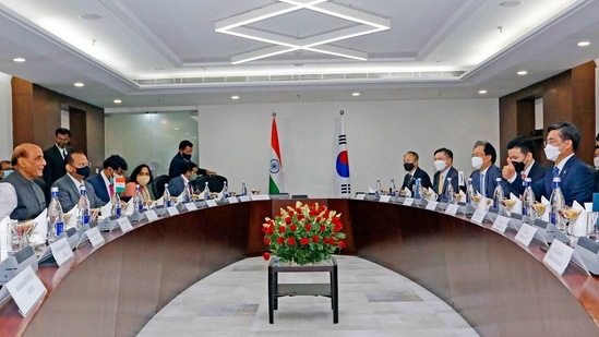 Defence Minister Rajnath Singh and Minister of Defence of Republic of Korea Suh Wook during bilateral talks on Defence Cooperation. (ANI Photo) Defence Minister Rajnath Singh and Minister of Defence of Republic of Korea Suh Wook during bilateral talks on Defence Cooperation. (ANI Photo)