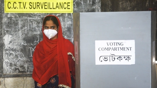 Midnapore, India - March 27, 2021: A woman leaves after casting her vote during the first phase of Assembly Elections in the state, at SMH High Madrasah in Midnapore district, West Bengal, India, on Saturday, March 27, 2021. (Photo by Samir Jana/Hindustan Times) (Samir Jana/HT Photo) Midnapore, India - March 27, 2021: A woman leaves after casting her vote during the first phase of Assembly Elections in the state, at SMH High Madrasah in Midnapore district, West Bengal, India, on Saturday, March 27, 2021. (Photo by Samir Jana/Hindustan Times) (Samir Jana/HT Photo)