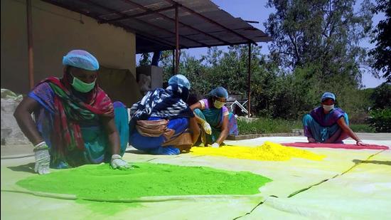 Women make eco-friendly colors ahead of the upcoming Holi festival in Bhopal on Friday. (ANI)