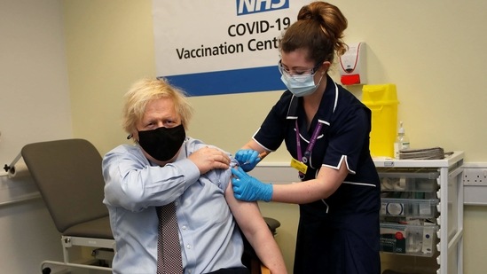 Britain's Prime Minister Boris Johnson receives a dose of a AstraZeneca/Oxford Covid-19 vaccine. (AFP) Britain's Prime Minister Boris Johnson receives a dose of a AstraZeneca/Oxford Covid-19 vaccine. (AFP)