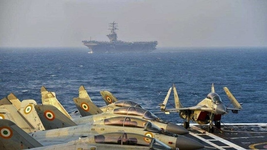 Indian MiG-29K multi-role fighters on the deck of INS Vikramaditya during the second phase of the Malabar naval exercise in the Arabian Sea on November 17 2020.(AFP File Photo/Indian Navy)