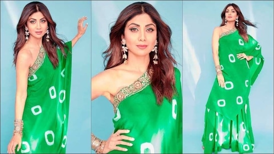 Shilpa Shetty gives sexy spin to ethnic wear in green one shoulder cape, gharara(Instagram/theshilpashetty/sheetalzaveribyvithaldas)