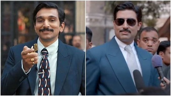 Pratik Gandhi in Scam 1992: The Harshad Mehta Story, and Abhishek Bachchan in The Big Bull. 