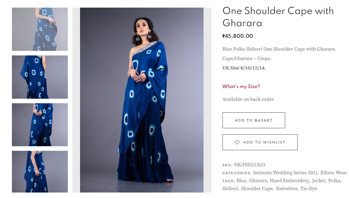 Shilpa Shetty Kundra's one shoulder cape with gharara from Nupur Kanoi’s eponymous luxury clothing label (nupurkanoi.co.in)