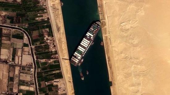 Ever Given container ship is seen in Suez Canal in this satellite image taken by Satellogic's NewSat-16 on March 25, 2021. (VIA REUTERS)