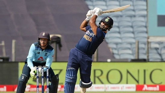 India's Rishabh Pant plays a shot during the 3rd ODI between India and England at Maharashtra Cricket Association Stadium in Pune on Sunday. (BCCI)