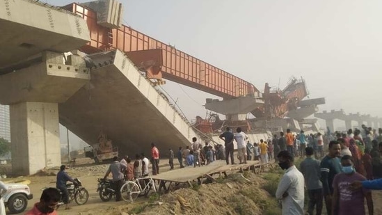 An under-construction flyover on Gurugram-Dwarka Expressway collapsed on Saturday. (ANI Photo ) An under-construction flyover on Gurugram-Dwarka Expressway collapsed on Saturday. (ANI Photo )