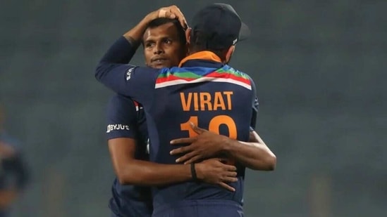 Indian captain Virat Kohli celebrates India's win in the third ODI with pacer T Natarajan (BCCI)