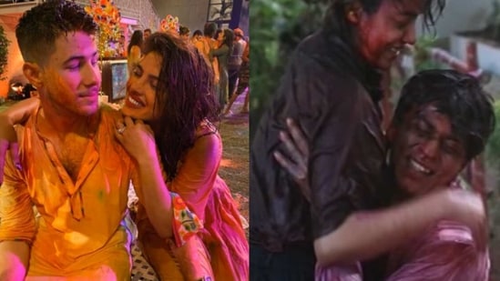 Priyanka Chopra and Nick Jonas from their first Holi party (L) and Shah Rukh Khan and Gauri Khan at a Holi party (R). 