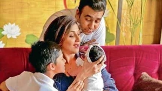 Actor Shilpa Shetty Kundra with husband Raj Kundra, son Viaan and daughter Samisha.