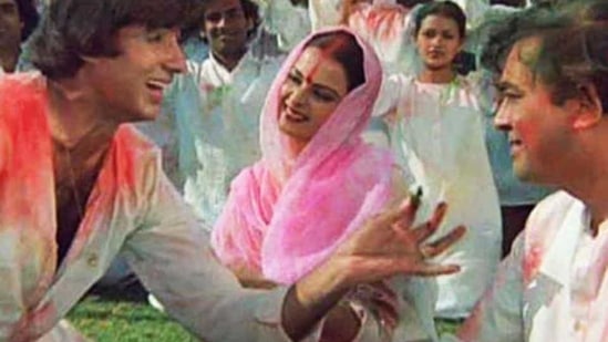 Amitabh Bachchan and Rekha play lovers in the most famous Holi song from Bollywood, Silsila’s Rang Barse.