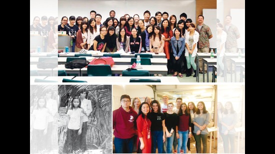 (Top and bottom right) Nguyên Phan Quê Mai with students in Brussels for whom she held creative writing workshops in 2016-17; (bottom left) The author with her mother in the garden of their home in Bac Liêu where she grew up (Top and bottom right) Nguyên Phan Quê Mai with students in Brussels for whom she held creative writing workshops in 2016-17; (bottom left) The author with her mother in the garden of their home in Bac Liêu where she grew up