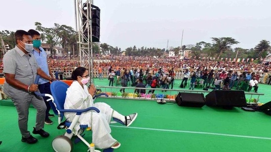 West Bengal chief minister Mamata Banerjee in Nandigram on Sunday. (PTI) West Bengal chief minister Mamata Banerjee in Nandigram on Sunday. (PTI)