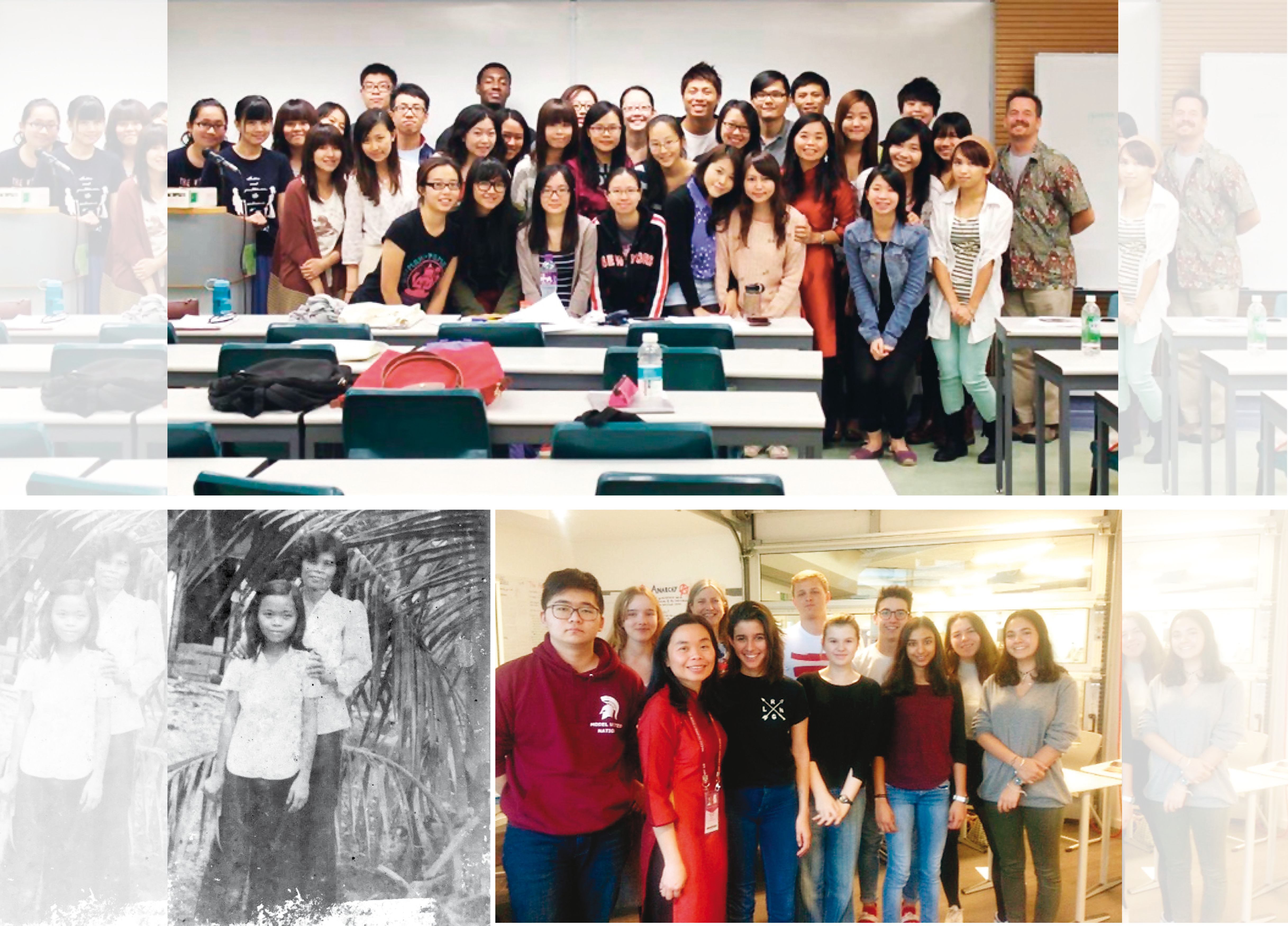 (Top and bottom right) Nguyên Phan Quê Mai with students in Brussels for whom she held creative writing workshops in 2016-17; (bottom left) The author with her mother in the garden of their home in Bac Liêu where she grew up (Top and bottom right) Nguyên Phan Quê Mai with students in Brussels for whom she held creative writing workshops in 2016-17; (bottom left) The author with her mother in the garden of their home in Bac Liêu where she grew up