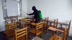 A worker sanitizes the classrooms ahead of the opening of schools after the COVID-19 outbreak, in Srinagar on Saturday. (ANI Photo) A worker sanitizes the classrooms ahead of the opening of schools after the COVID-19 outbreak, in Srinagar on Saturday. (ANI Photo)