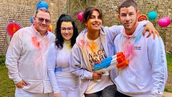Priyanka Chopra and Nick Jonas joined her in-laws to celebrate Holi in London.