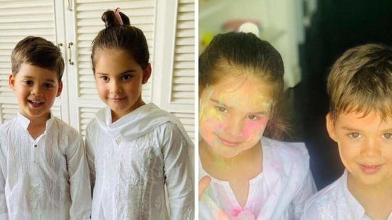 Karan Johar spent his Holi with his twins, Yash and Roohi, and his mother Hiroo Johar.