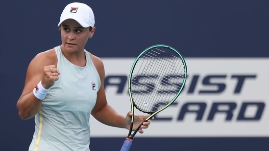 Mar 29, 2021; Miami, Florida, USA; Ashleigh Barty of Australia reacts after winning the first set against Victoria Azarenka of Belarus (not pictured) in the fourth round in the Miami Open at Hard Rock Stadium. Mandatory Credit: Geoff Burke-USA TODAY Sports(USA TODAY Sports)