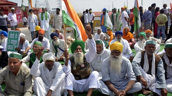 Farmers blocked both carriageways of the highway at Ghazipur border in New Delhi, India on Friday, March 26, 2021. (Photo by Sakib Ali /Hindustan Times)