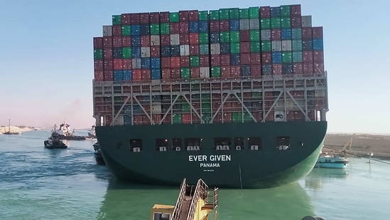 This picture taken from a nearby tugboat in the Suez Canal shows a view of the 'Ever Given' as it begins to move.(AFP) This picture taken from a nearby tugboat in the Suez Canal shows a view of the 'Ever Given' as it begins to move.(AFP)