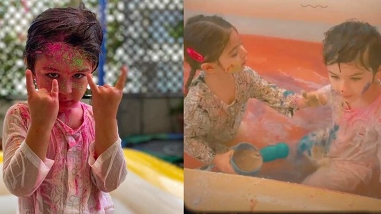 Taimur Ali Khan and Inaaya Naumi Kemmu celebrate Holi at home. 