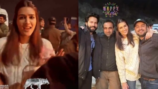 Kriti Sanon and Varun Dhawan celebrated Holi on the sets of their upcoming horror-comedy movie Bhediya. The actors were seen circling around a pyre and dancing to Bollywood songs, including Hookah Bar.