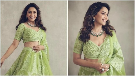 Madhuri Dixit in sage green lehenga(Instagram/stylebyami)