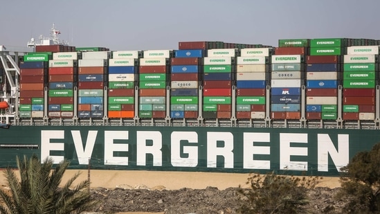 Containers onboard the Ever Given ship, in Suez Canal, on March 29. Evergreen Line, which is leasing the Ever Given, confirmed the ship had been successfully refloated and said it would be repositioned and inspected for seaworthiness, Reuters reported.(Islam Safwat / Bloomberg)