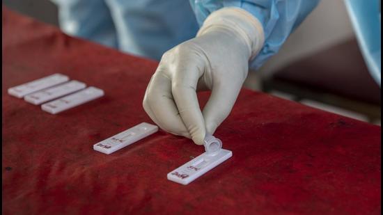 A health worker tests a nasal swab sample in Srinagar on Tuesday (AP)