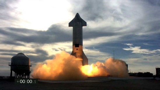 (FILES) This file photo of a screengrab made from SpaceX's live webcast shows the Starship SN10 prototype during the second attempted test flight of the day at SpaceX's South Texas test facility near Boca Chica Village in Brownsville, Texas, March 3, 2021. (AFP) (FILES) This file photo of a screengrab made from SpaceX's live webcast shows the Starship SN10 prototype during the second attempted test flight of the day at SpaceX's South Texas test facility near Boca Chica Village in Brownsville, Texas, March 3, 2021. (AFP)