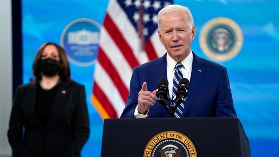 President Joe Biden speaks during an event on Covid-19 vaccinations, in the South Court Auditorium on the White House campus, Monday, March 29, 2021, in Washington, as Vice President Kamala Harris listens. (AP) President Joe Biden speaks during an event on Covid-19 vaccinations, in the South Court Auditorium on the White House campus, Monday, March 29, 2021, in Washington, as Vice President Kamala Harris listens. (AP)