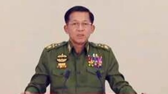 General Min Aung Hlaing during a televised statement on Feb. 11, 2021 in Myanmar.(AP)