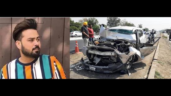Punjabi singer Diljaan and the mangled remains of his car after the road accident near Jandiala Guru, 20km from Amritsar, on Tuesday. (HT Photos)