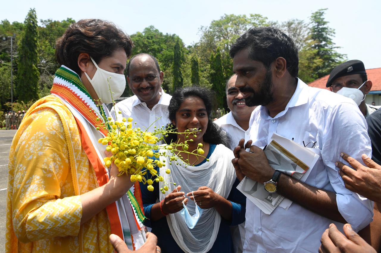 One of the youngest Congress candidates for the Kerala elections Aritha Babu welcomes Priyanka Gandhi in Kayamkulam. (Photo: INCIndia/ Twitter) One of the youngest Congress candidates for the Kerala elections Aritha Babu welcomes Priyanka Gandhi in Kayamkulam. (Photo: INCIndia/ Twitter)
