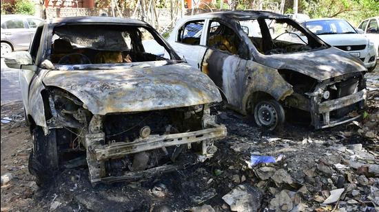 The damaged cars at Feroze Gandhi Market in Ludhiana on Wednesday. (Harsimar Pal Singh/HT) The damaged cars at Feroze Gandhi Market in Ludhiana on Wednesday. (Harsimar Pal Singh/HT)