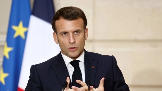 French President Emmanuel Macron speaks during a joint news conference with Israeli President Reuven Rivlin, after a working lunch, at the Elysee Palace in Paris, France March 18, 2021.(Reuters)