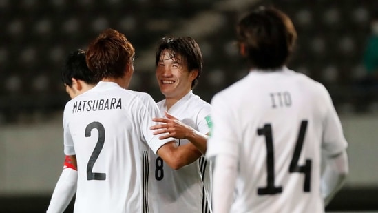 World Cup Qualifiers Asia - Round 2 - Group F - Mongolia v Japan - Fukuda Denshi Arena, Chiba, Japan - March 30, 2021 Japan's Sho Inagaki celebrates scoring their fourteenth goal with teammates(REUTERS)