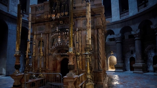 The structure housing the purported tomb of Jesus, known as the Edicule, is seen inside the Church of the Holy Sepulchre which is revered in Christian tradition as the site of Jesus' crucifixion and burial, in Jerusalem's Old City February 24, 2021. (REUTERS)