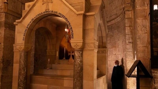 Father Samuel Aghoyan, the Armenian superior at the Church of the Holy Sepulchre stands at the Saint Helena chapel inside the church which is revered in Christian tradition as the site of Jesus' crucifixion and burial, during his interview with Reuters, in Jerusalem's Old City February 24, 2021. (REUTERS)