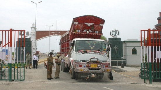 A Pakistani truck loaded with cement entering India through the ICP at Indo-Pak Attari border in Amritsar. (HT File)